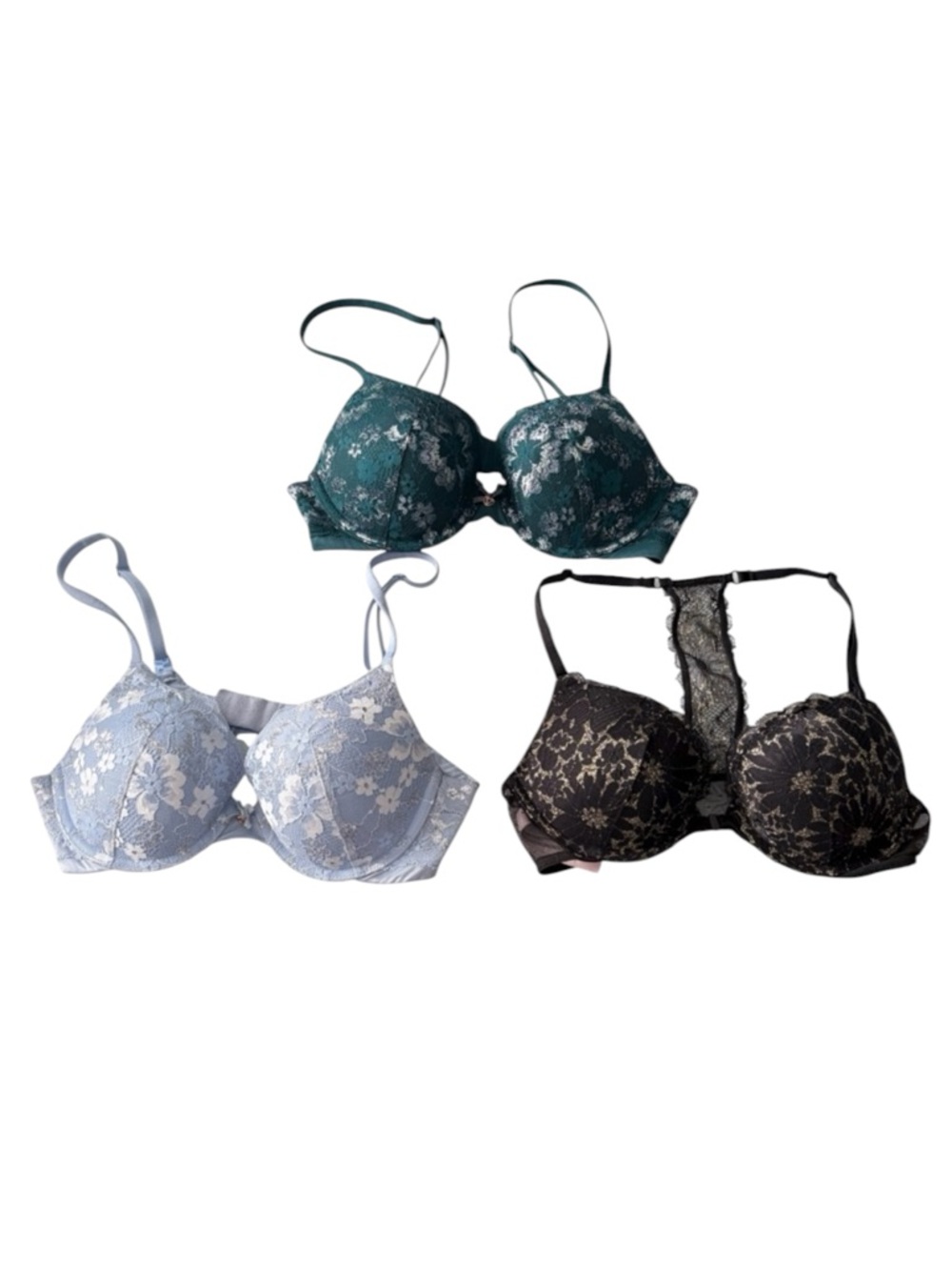 VICTORIA’s SECRET Floral Lace Bra Trio - Black, Blue, Green Size 34B -- PRETTY!!